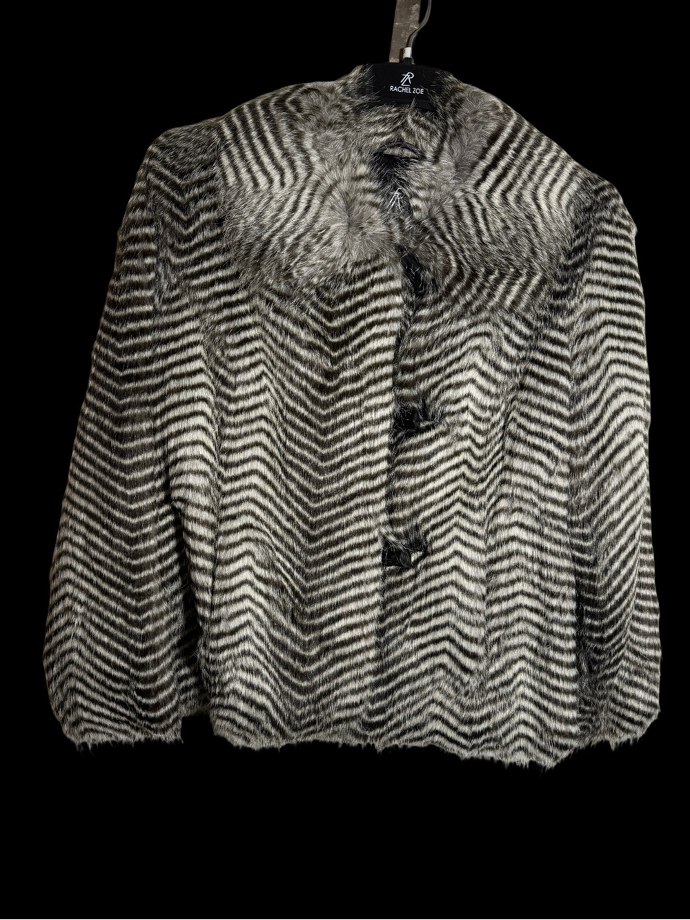 Rachel Zoe Black and White Chevron Faux-Fur Jacket